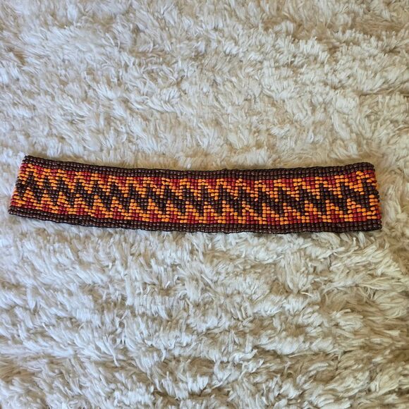 Vintage Orange Red Brown‎ Beaded Zigzag Pattern Elastic Belt Western Boho main image 6